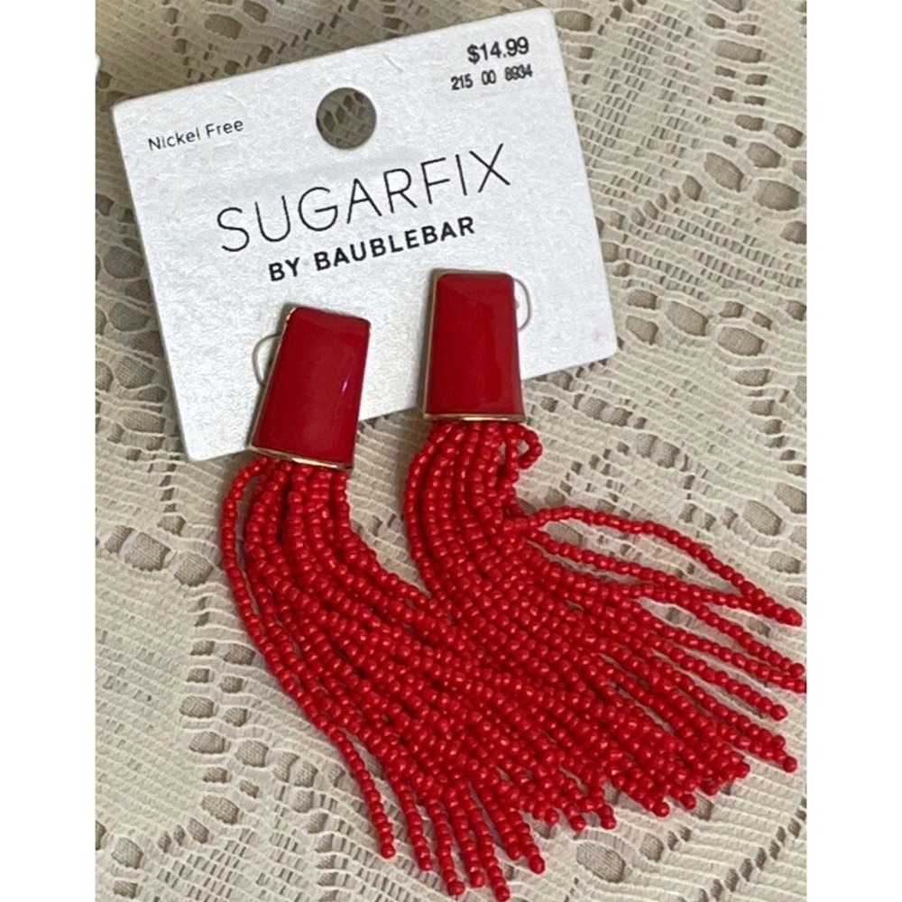 Sugarfix By Baublebar Red Beaded Long Tassel Earrings Nickle Free NWT